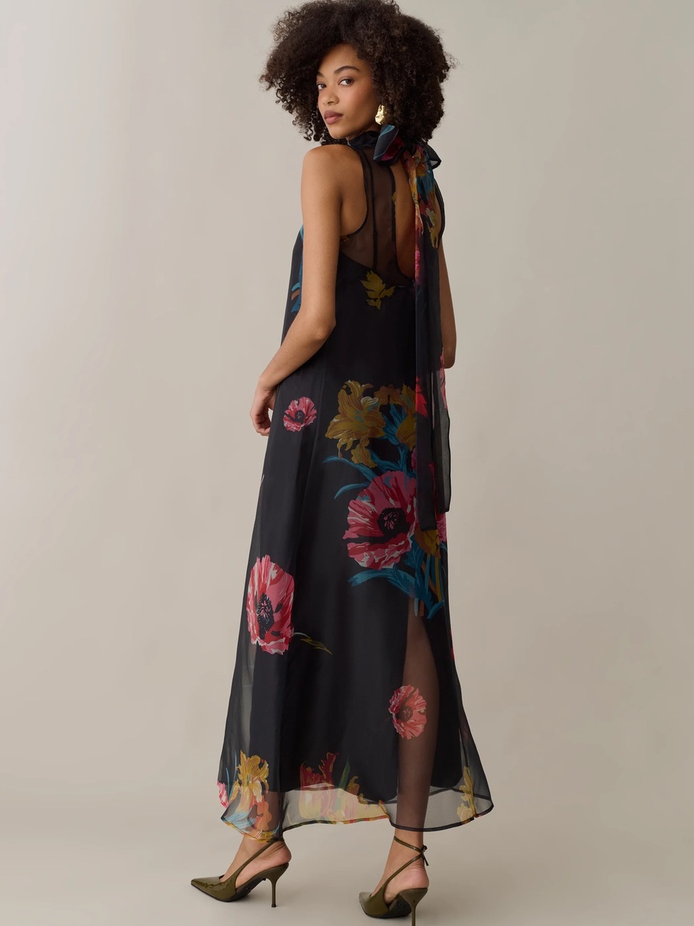 Caara Few Moda Alette Dress Sheer Floral Maxi Multicolor Tulip Blooms On Black - Picture 6 of 12